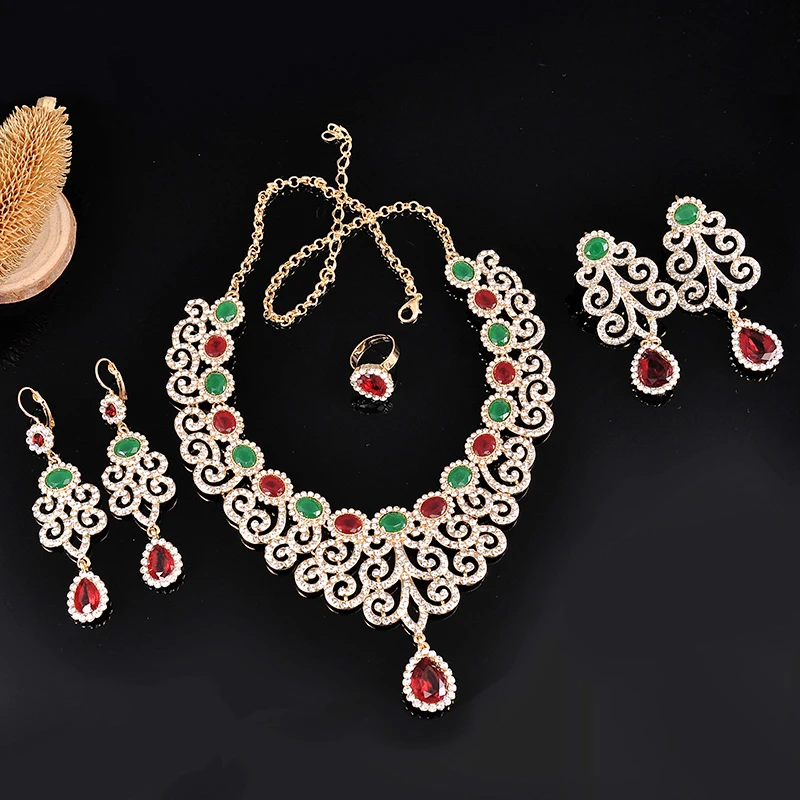 New Morocco Luxury Rhinestone Bridal Jewelry Sets Gold Plating Water Drop Necklace/Earrings/Ring/Bracelet Wedding Green Jewelry