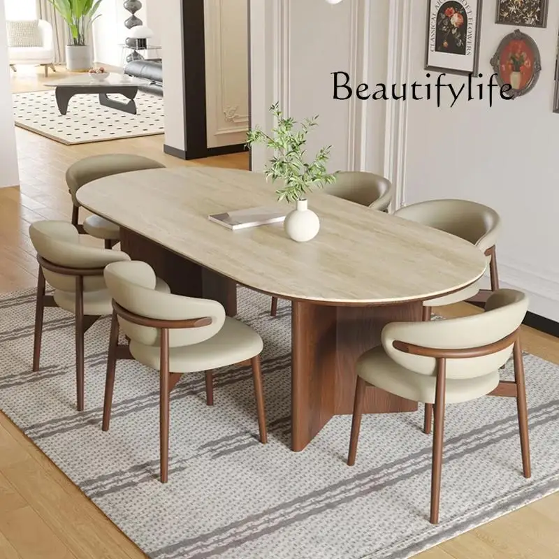 French medieval rock slab dining table and chair combination household oval retro solid wood dining table