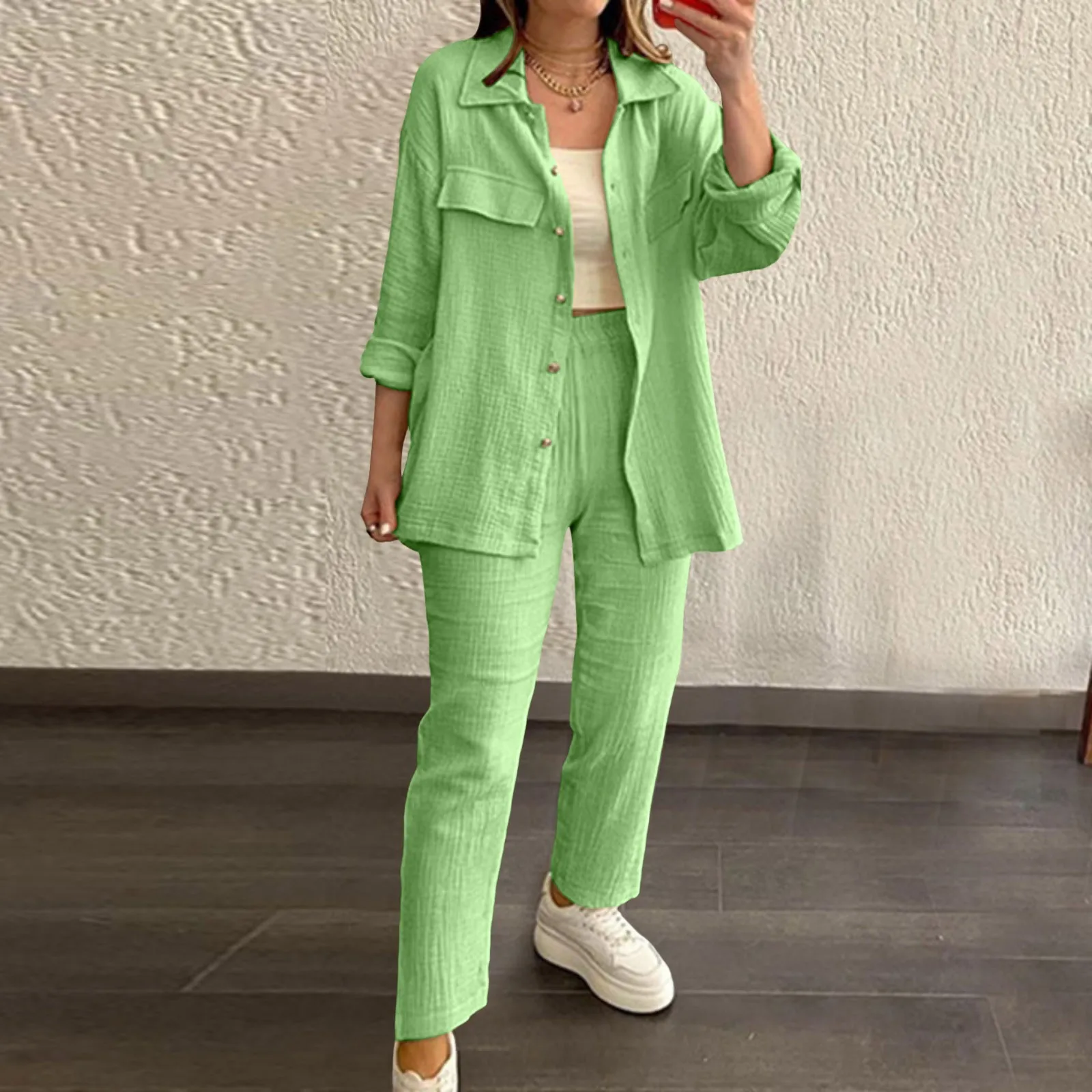 Women'S Solid Color Casual Pants Set Ruffled Fabric Lapel Long Sleeve Pocket Shirt High Waist Drawstring Pant Stylish Simple Set