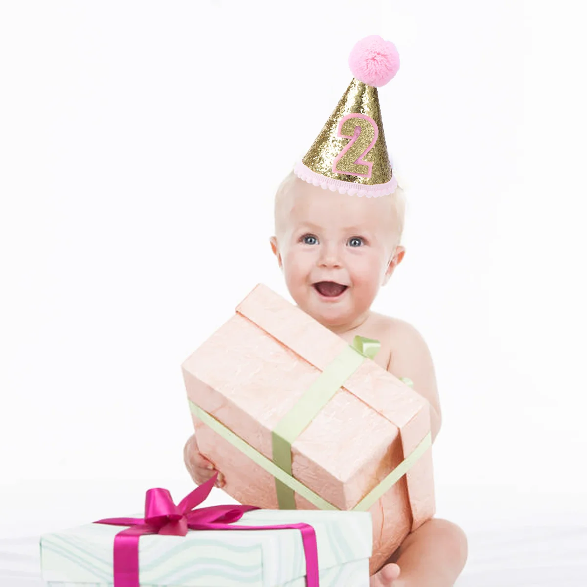 

2nd Birthday Cone Hat Pink Glitter Sparkle for Baby Girl Party Decorations Soft Eva Material with Elastic String