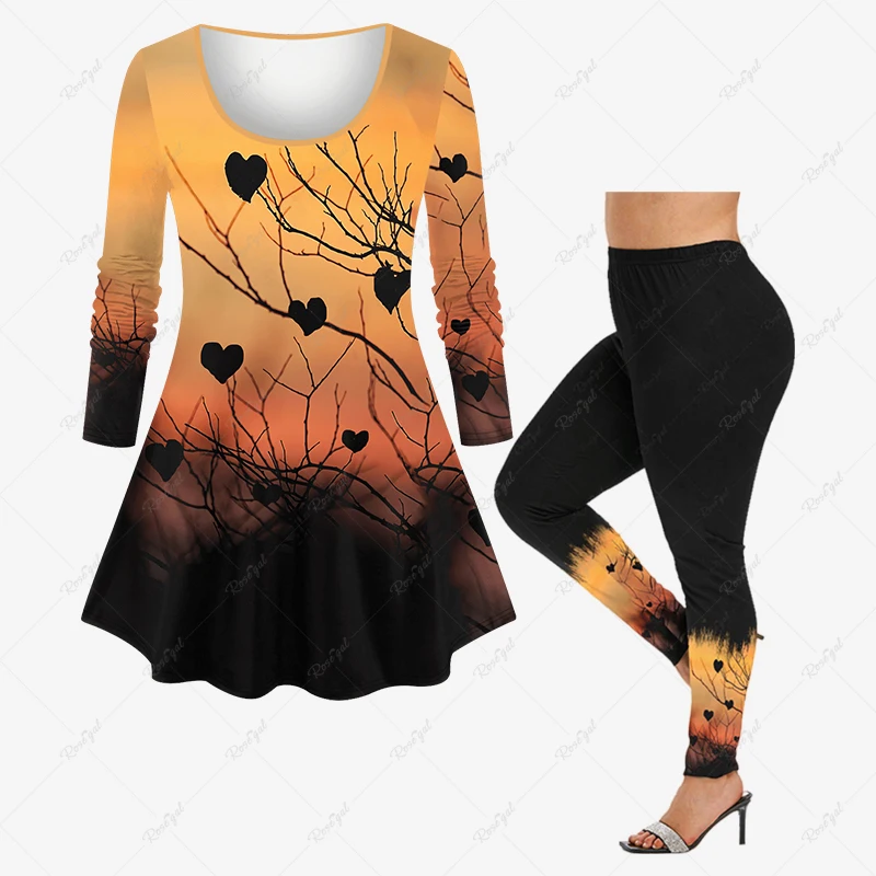 Valentine\'s Day Tree Branch Feather Glitter Striped Heart 3D Print Matching Set For Women T-shirt Or Skinny Leggings Casual Suit