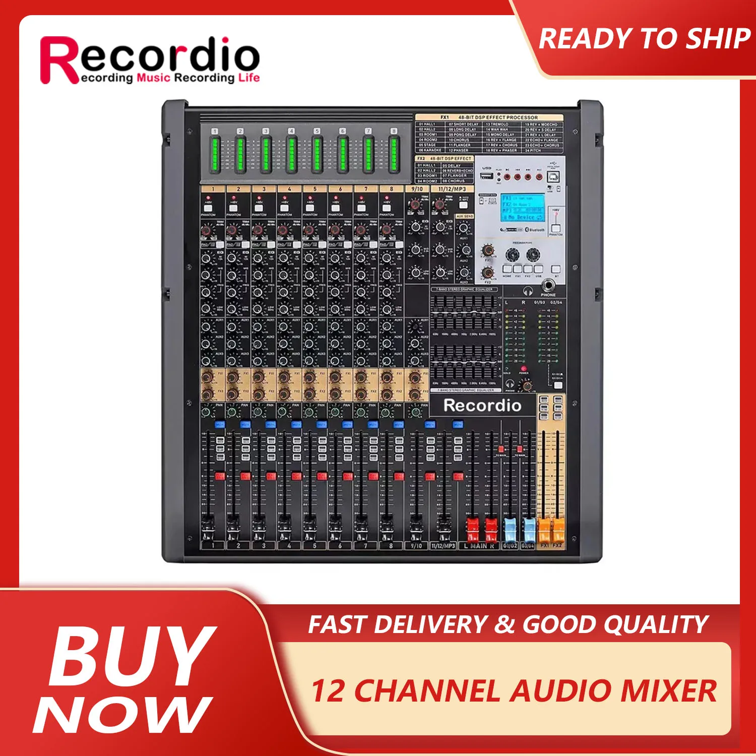 GAX-TFB12 Professional 12 Channel Audio Mixer 2 Stereo 4 Group Outputs Aux Soundcard 7 Band EQ 100mm Fader Mixing Console