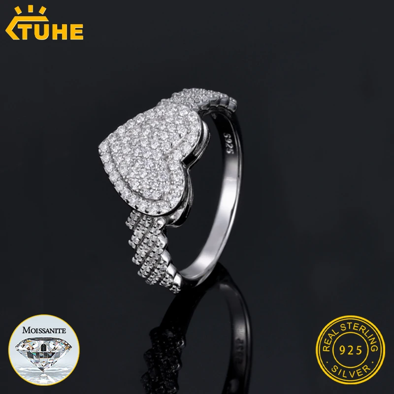 TUHE Unisex 925 Sterling Silver Heart Moissanite Ring for Women Cuban Link Ring Men Hip Hop Jewelry Gift