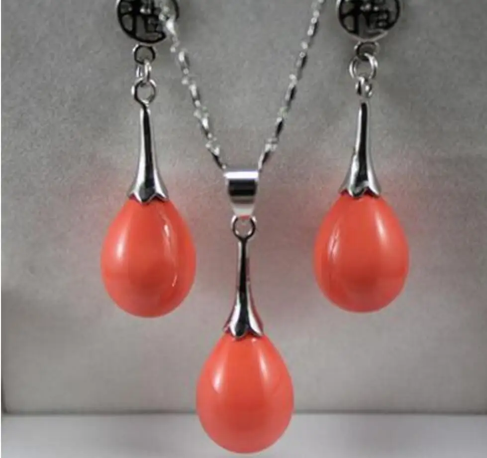 

wholesale noble 12*16mm orange water drop shell pearl pendant & fu lucky earring jewelry set