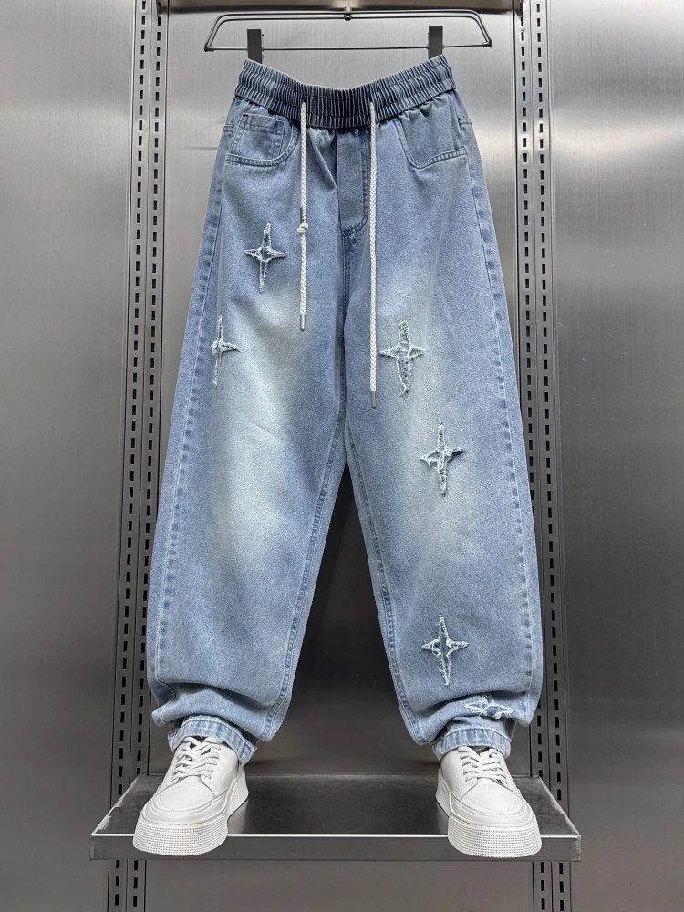 

Blue Denim Straight Leg Wide Leg Floor Length Pants Trendy Spring Summer Loose Drapey Embroidered Jeans for Couples