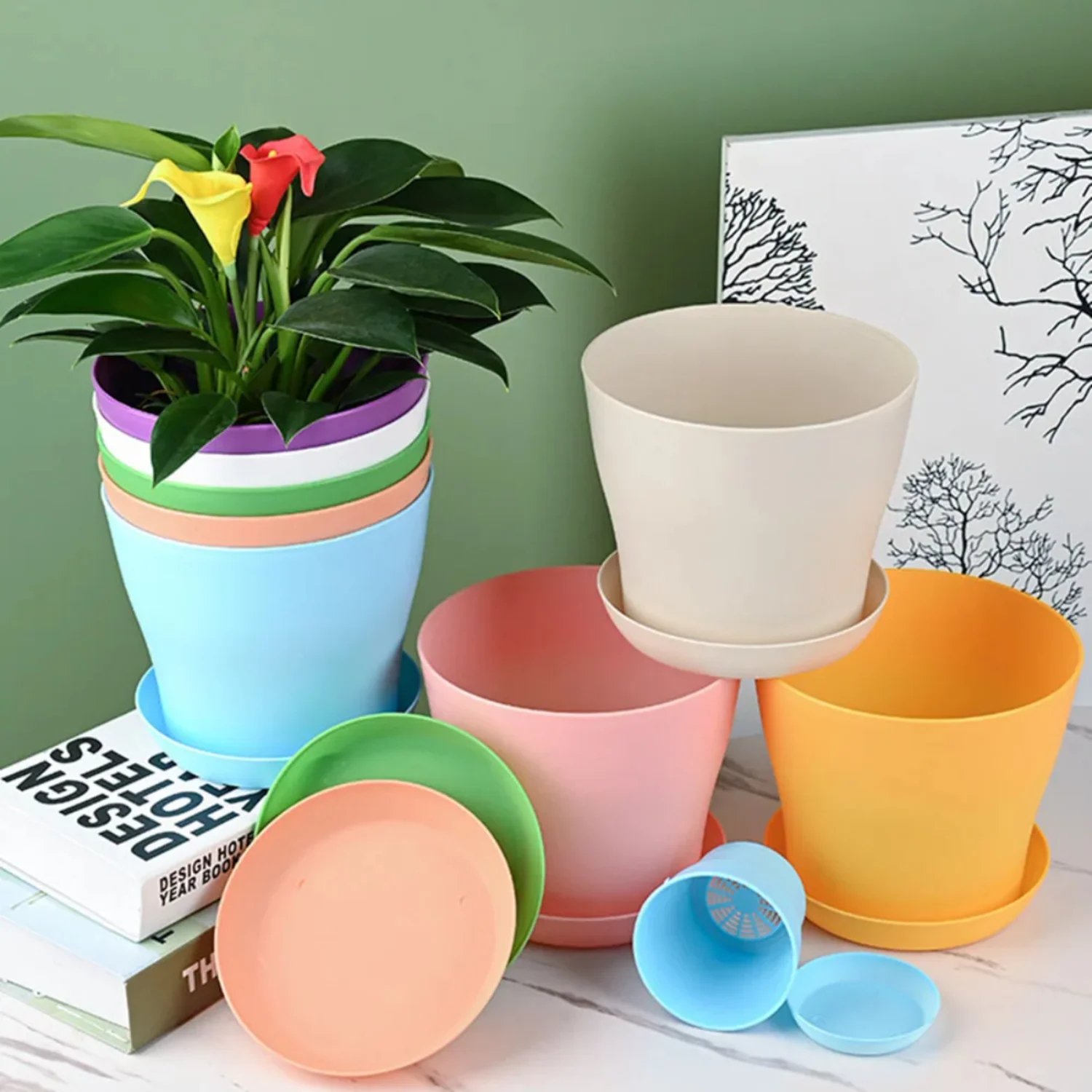 

1pcs Flower Pot With Tray Colorful Resin Plant Flower Pot Indoor Planting Fleshy Green Plants Potted Garden Decoration Flowers