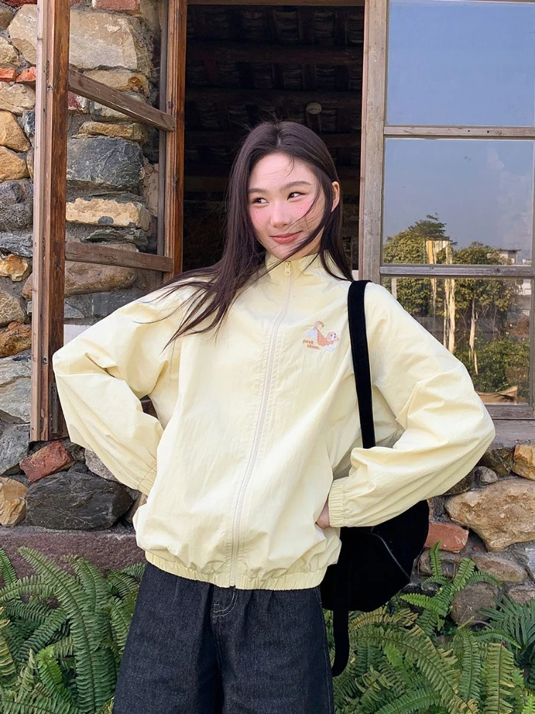 ผู้หญิงสบายๆแจ็คเก็ตเบสบอลฤดูใบไม้ผลิฤดูร้อนบางหลวม Fit ปักลูกสุนัข STAND COLLAR Zip Up TOP Coat Chic Outerwear