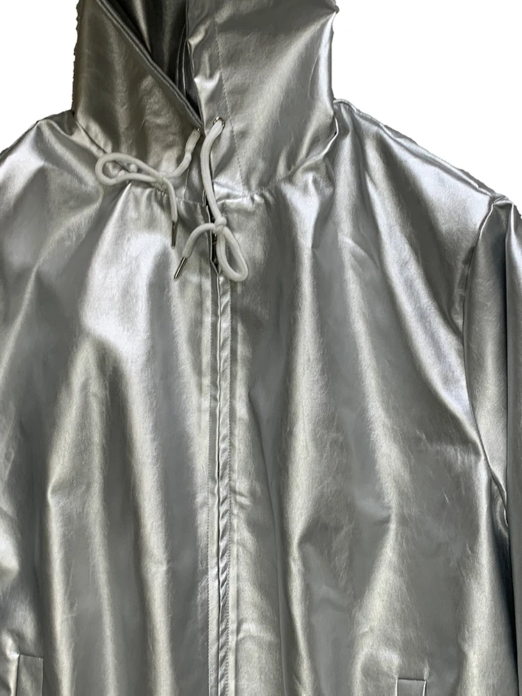 

Nerazzurri Autumn Oversized Lightweight Silver Pu Leather Jacket Men with Drawstring Hood and Waist Loose Casual Clothing 2025