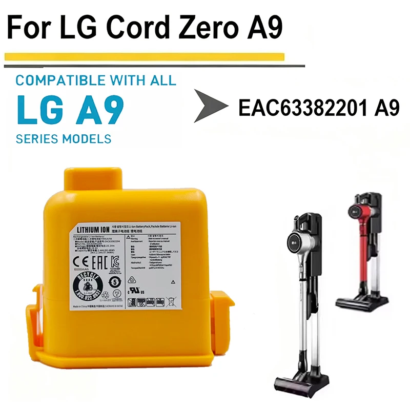 6000mAh CordZero Battery for A9/P9/A9S Vacuum, KC Certified, Compatible with EAC63382201/04 LG CordZero Replacement Battery