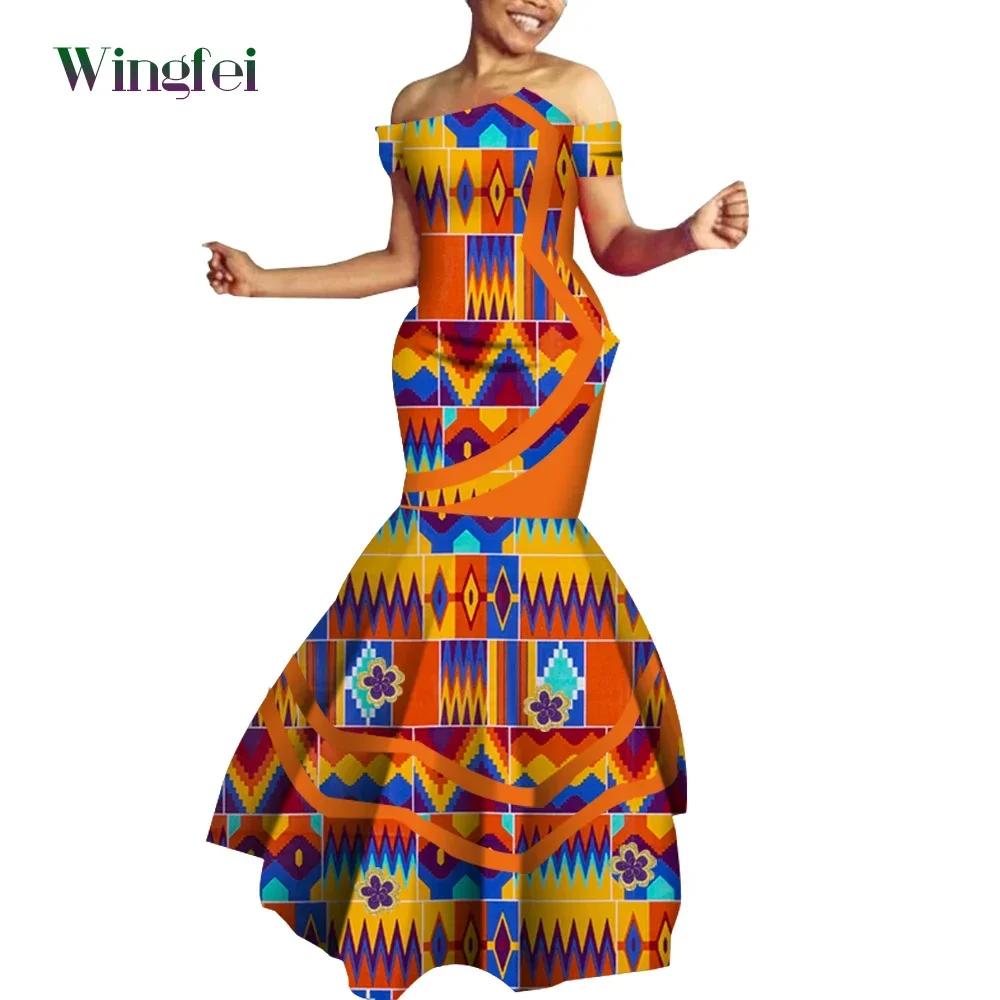 African Clothes for Women Fashion Robe Africaine Floral Print Maix Long Strapless Dresses Dashiki Women Party Dress WY4794