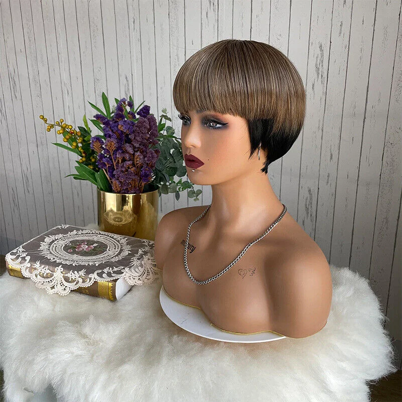 Women's wig short straight hair bangs light brown gradient Synthetic wigs