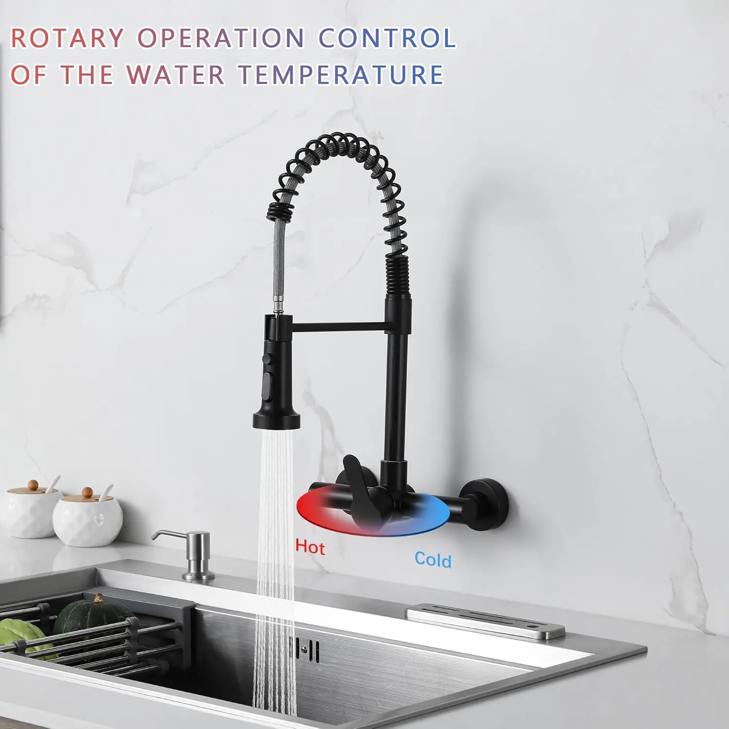 صنابير المطبخ المثبتة على الحائط، صنبور المطبخ المثبت على الحائط مقاس 8 بوصة مع بخاخ، أسود غير لامع #6