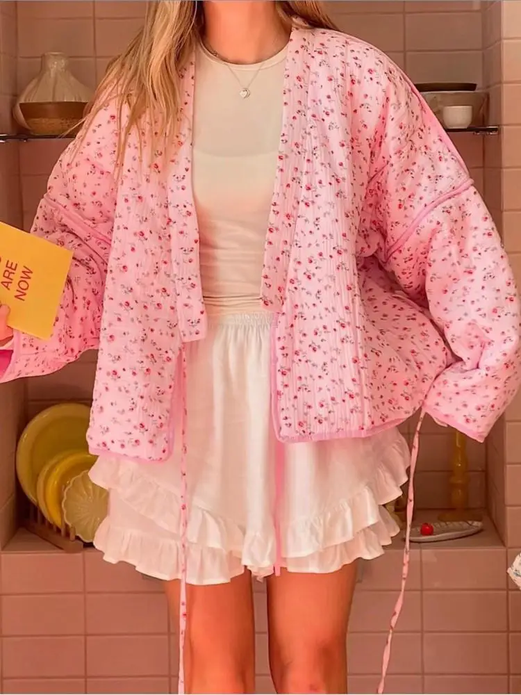 

Women Floral Print Cardigan Cute Lace Up Pink Coat Loose Casual Autumn Warm Outerwear Fashion Long Sleeve Ladies Coat