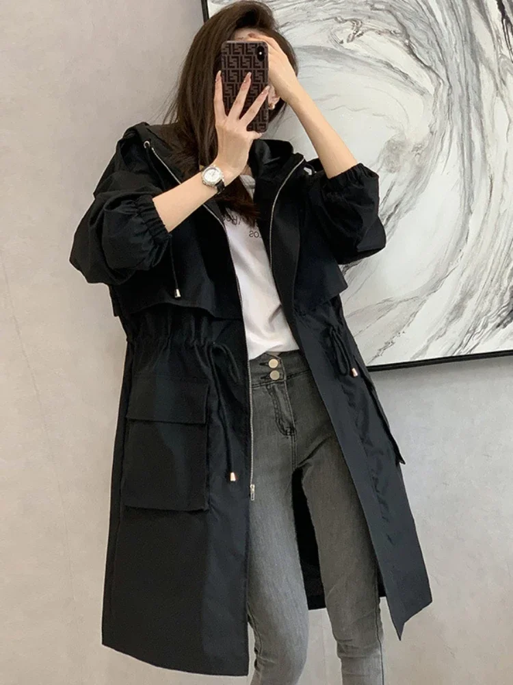 Korean Fashion Trench Coat for Women Spring Autumn Solid Hooded Windbreaker Long Coat Jackets Women Clothing Long Sleeved Tops