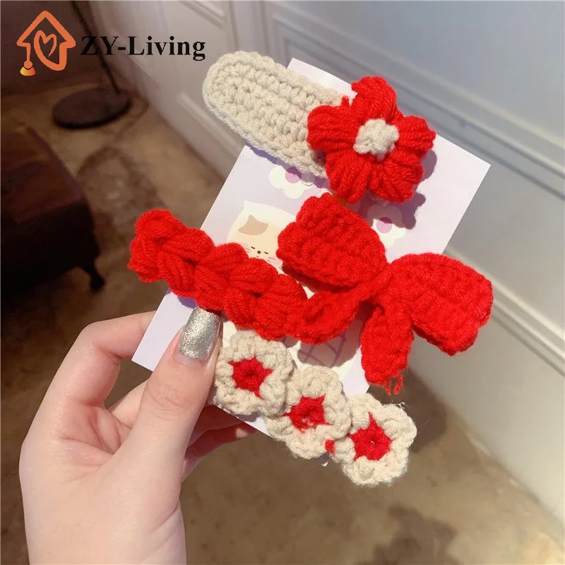 

4Pcs Cute Knit BB Hair Clips, Handmade Flower Border Clips,Bow Bang Clips For Kids,Suitable For Chrismas Festival Celebration