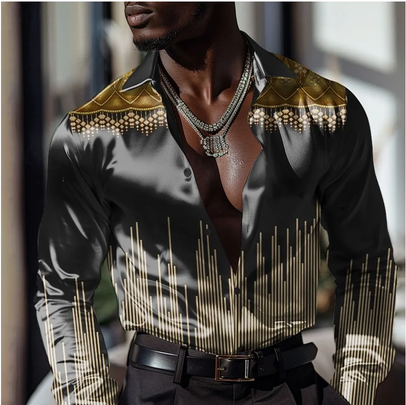 Men's Baroque satin shirt, men's long sleeved fashionable casual formal wear, vacation dinner party, summer spring and autumn co