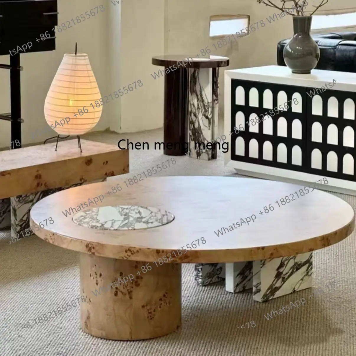 

Medieval solid wood, light luxury marble round coffee table tree tumor combination modern parquet tea table household