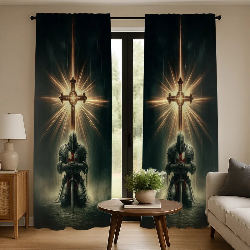 Dark Knight Curtain, Glowing Cross Warrior Print Drape, Gothic Fantasy Home Decor, Medieval Armor Window Treatment, Religious