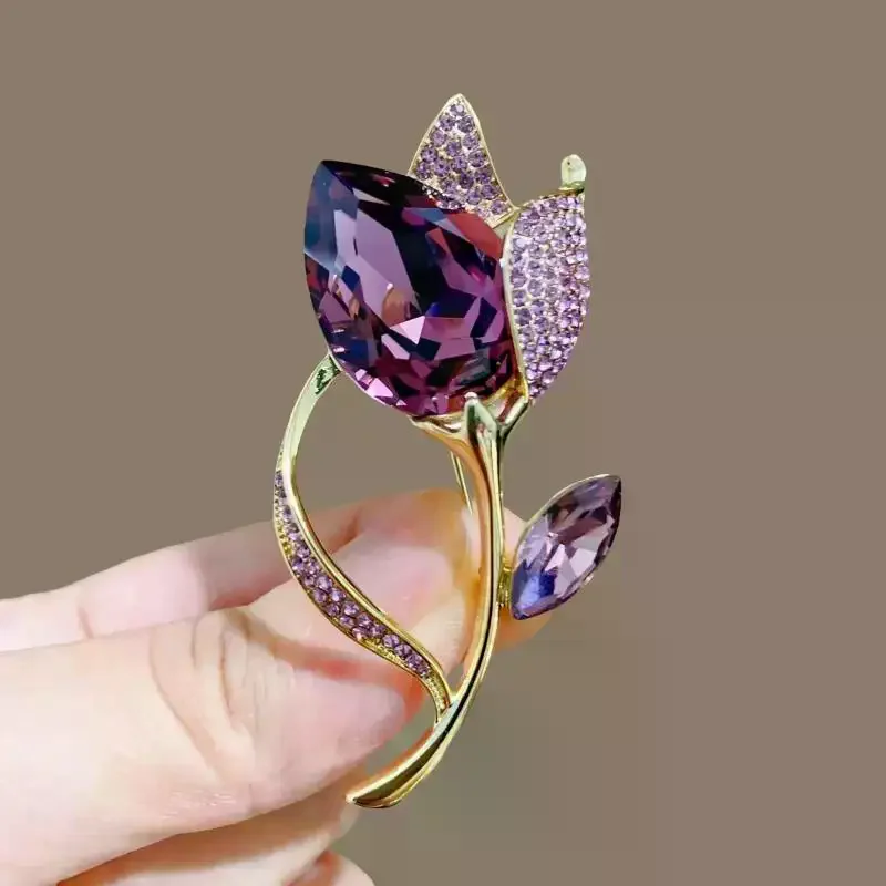 Vintage Luxury Purple Crystal Tulip Flower Brooches For Women Elegant Clothes Suit Accessories Lapel Pins Party Jewelry Gifts