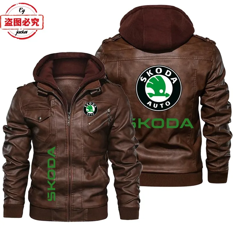 WRC rally Skoda racing car logo pu leather jacket windproof men's hooded jacket skoda car logo jacket