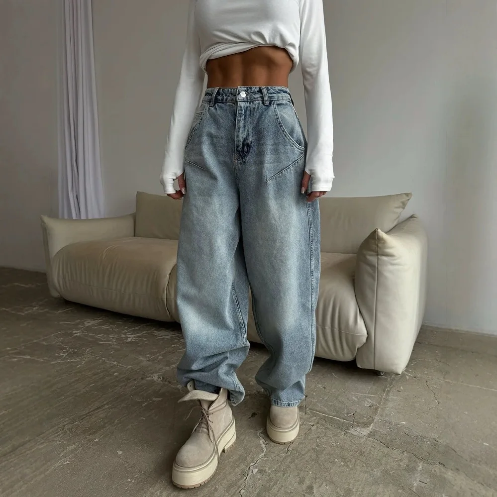 Ladies Y2K Light Blue Low Waist Baggy Jeans, Vintage Washed Wide Leg Denim Pants for Streetwear ﻿