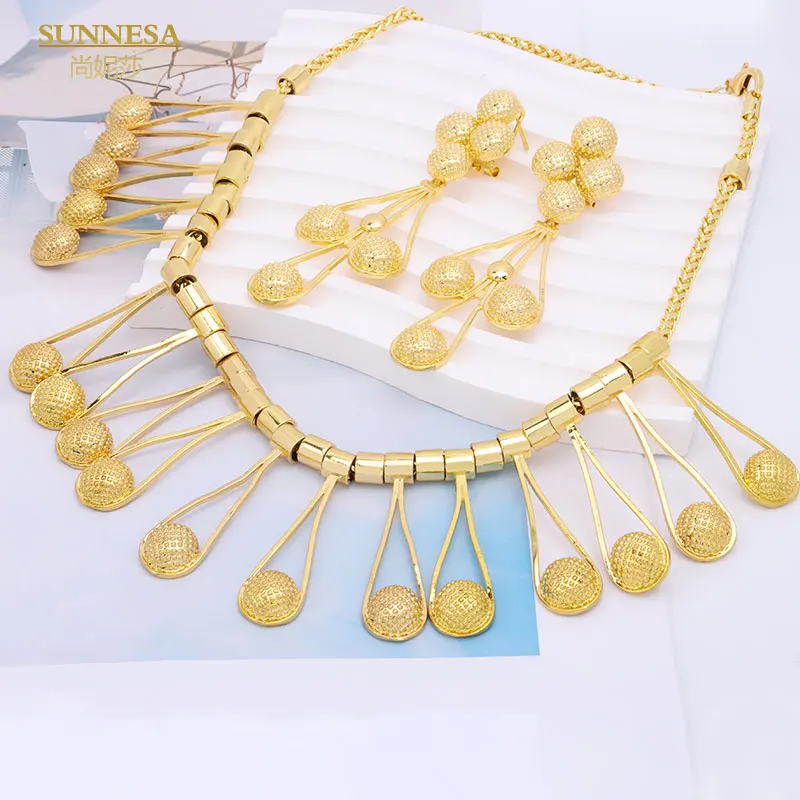 SUNNESA 18k Gold Plated African Jewelry Set for Women Geometric Design Big Necklace Drop Earrings Brazilian Wedding Gift