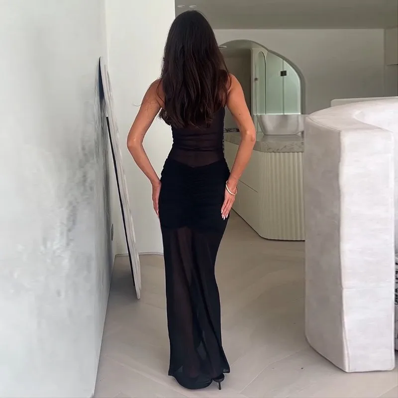 เดรสยาวทรงเข้ารูป คอวี ผ้าตาข่ายซีทรู แต่งระบายผ้าพลีท สายเดี่ยว สำหรับผู้หญิง แฟชั่นทันสมัย เรียบหรู เหมาะสำหรับงานปาร์ตี้ สีพื้น