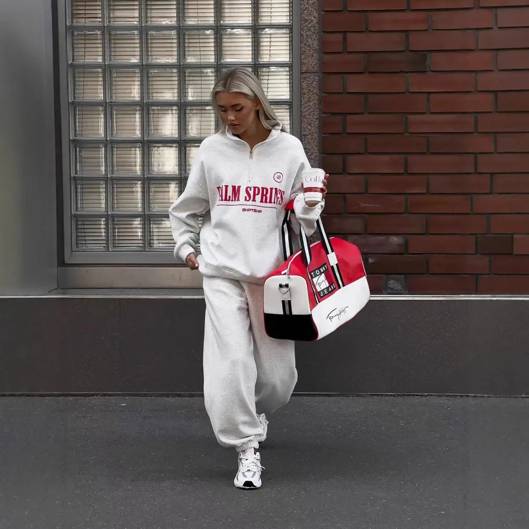 أزياء سستة سترة بأكمام طويلة المرأة الخريف جديد فضفاض عارضة إلكتروني الطباعة تصميم قطعتين مجموعة Kosıм Жénsky