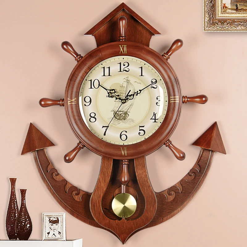 Wall clock living room clock home wall hanging creative light luxury Mediterranean solid wood rudder wall