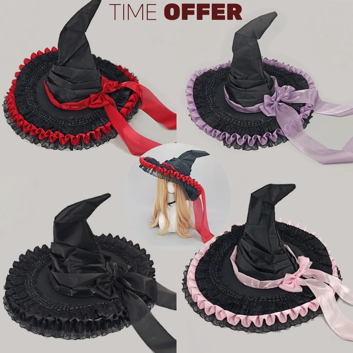New Halloween Lolita Witch Hat Comic Con Cosplay Props Magic Girl Witch Headwear Subculture Dark Fluffy Lace Wizard Hat 4 Types