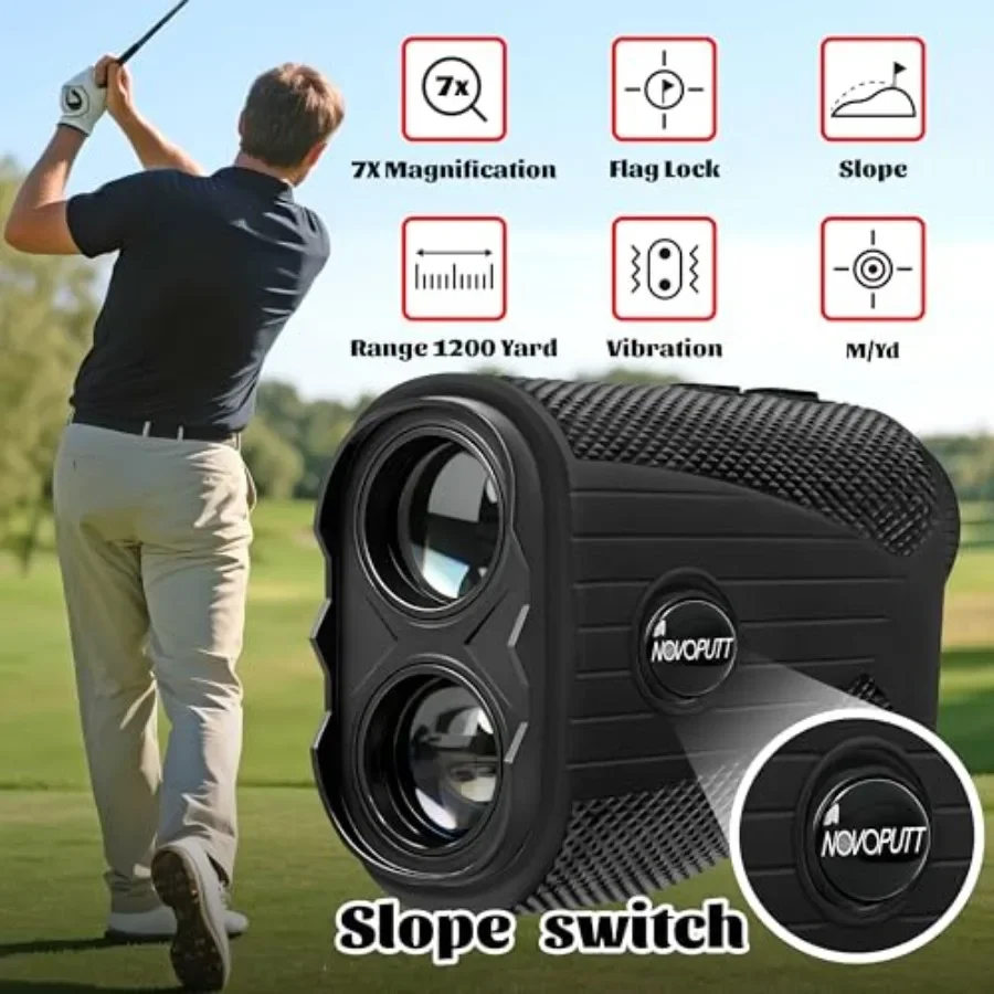 トーナメントで合法的に使用できる傾斜補正と旗竿ロック機能付きゴルフ距離計、振動機能搭載、1200ヤード測定範囲、7倍拡大、充電式