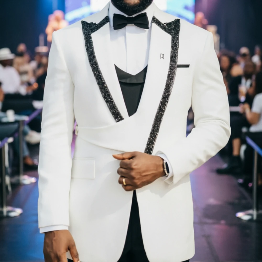 

Роскошный свадебный смокинг с бисером, белый, для жениха, с черными блестящими лацканами, асимметричный, формальный костюм для мужчин, приталенный, для выпускного вечера, ужина, блейзер