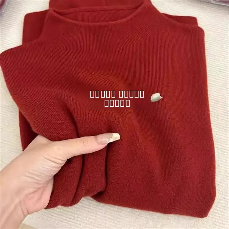 Red Knitted Long Sve f High Collar Women's Fitted Base irt Trendy Inner Wear Top Commute Sle Pure Color Polyester S...