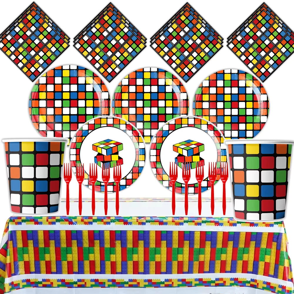 Rubik's Cube Birthday Party Decoration Disposable Dinnerware Block Tableware Paper Plate Tablecloth Kids Baby Shower Supplies