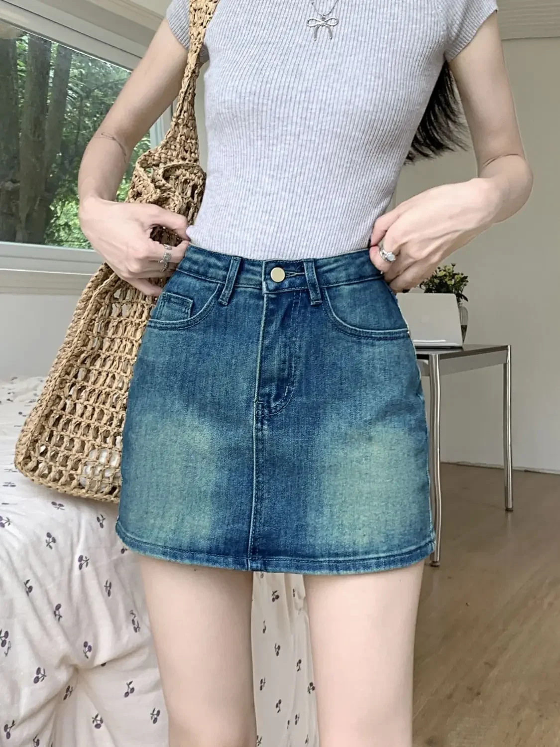 التنانير الصغيرة الأمريكية خمر الدنيم المرأة الصيف موضة عالية الخصر مستقيم قصيرة عادية موضة الشارع الشهير تنورة قطنية