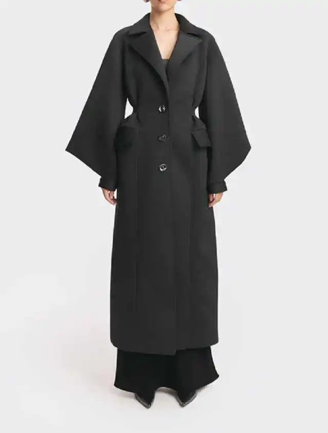 Stylish Female Maxi Overcoat Notch Collar Flare Sleeve Waist Belt Jacket Casual Costume For Dating Office Gathering Custom