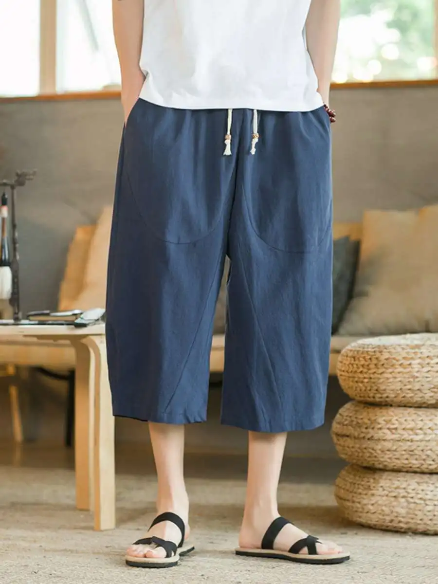 

Новые мужские хлопковые льняные брюки с широкими штанинами, летние, тонкие, повседневные, свободного кроя, укороченные (7/8), удобные, дышащие, легкие