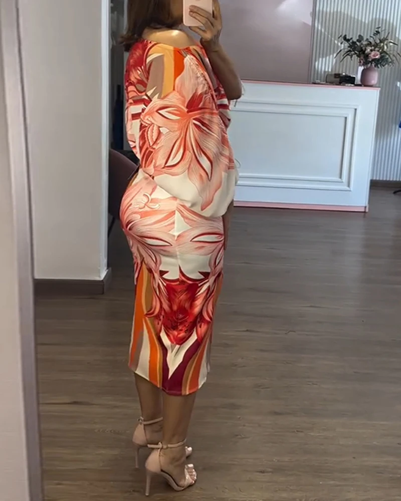 กระโปรงสตรี 2 ชิ้นชุดพิมพ์ลายดอกไม้ปิดไหล่ด้านข้าง Drawstring Crop Top & Casual เอวสูง Bodycon Slit ชุดกระโปรง