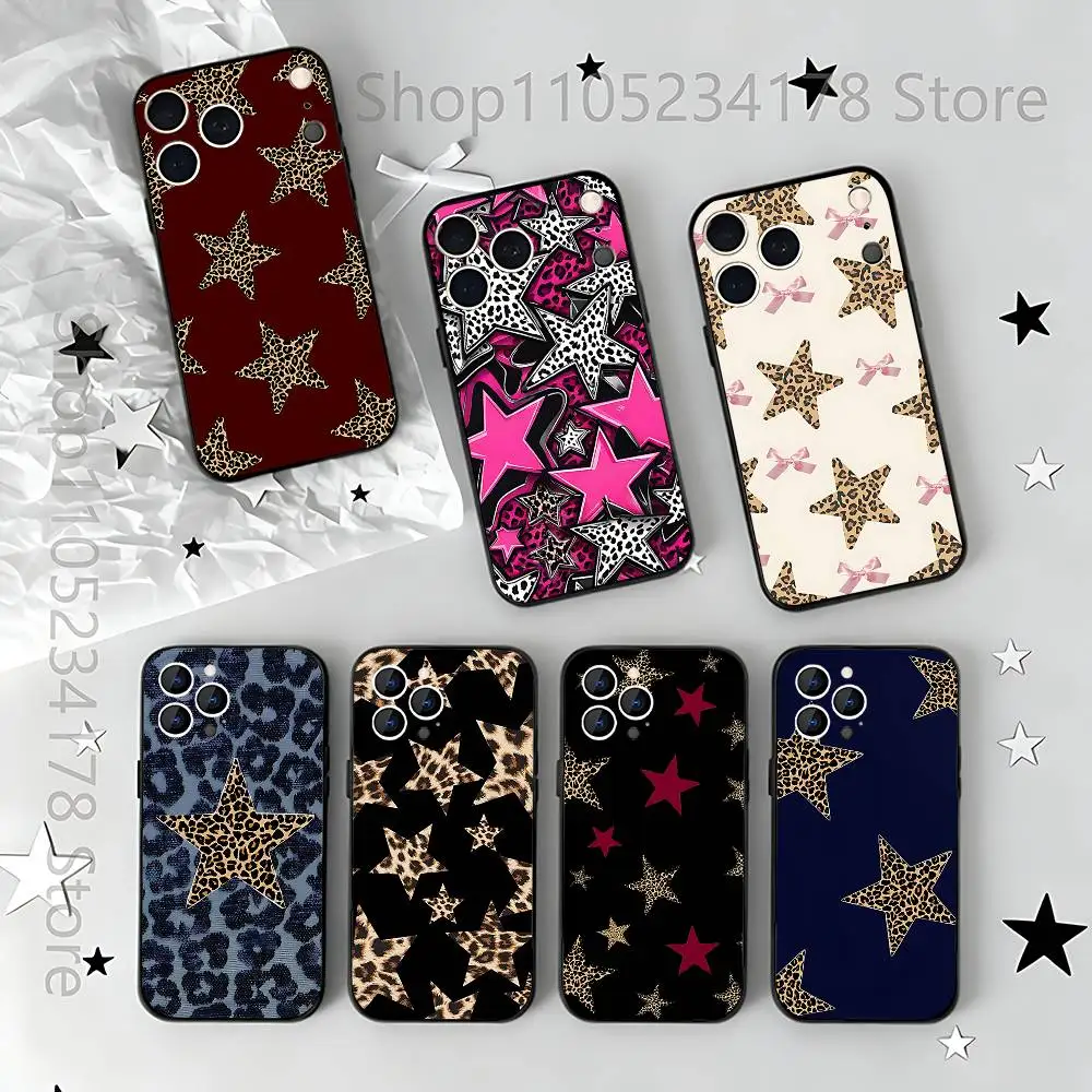 

Phone Case For iPhone 17,16,15,14,13,12,11,Pro,Max,Plus,E,Air,Mini Leopard Print Stars Pattern ART Protective Black Cover