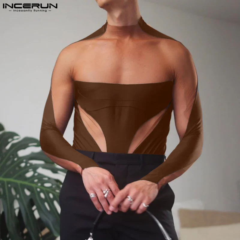 INCERUN 남성용 메쉬 패치워크 바디수트, 긴팔 터틀넥, 남성 롬퍼, S-3XL 스트릿웨어, 투명 섹시 패션 바디수트, 2024