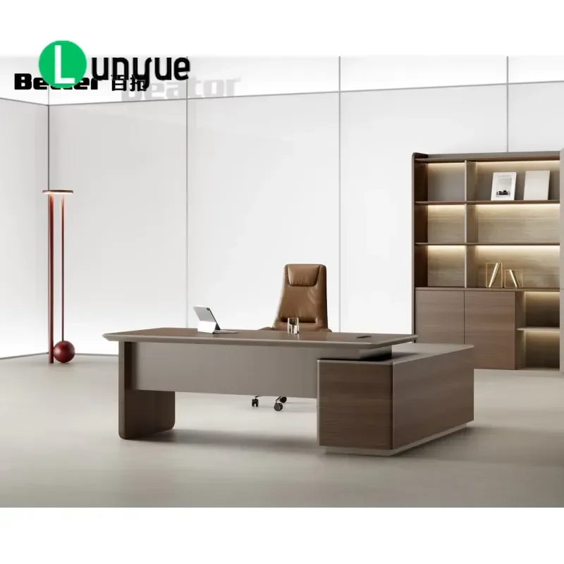 Modern Light Luxury Office Desk and Chair Set with Side Cabinet Bookcase Simple Fashion Boss Table for Company Home Workspace
