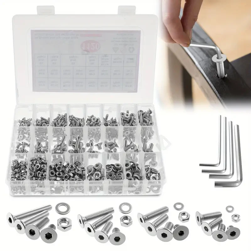 

1120pcs M3 M4 M5 M6 Countersunk Hex Socket Screw Set with Storage Case Stainless Steel Screws Nuts and Washers Assortment for Ho