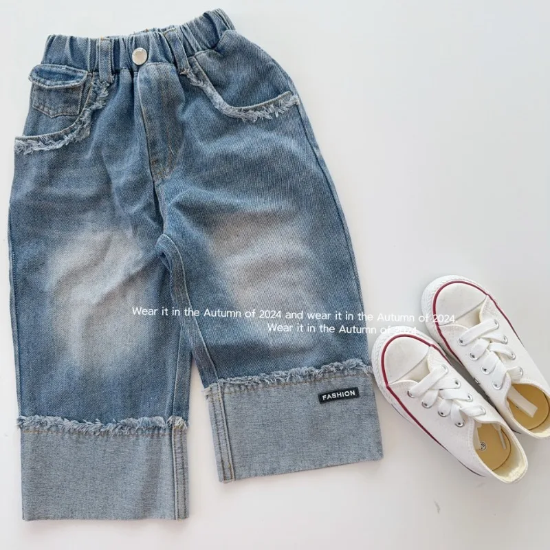 

Kids Clothes Baby Boys Pants Fashion Wash Stitching Straight-leg Jeans Toddler Girl Blue Denim Pants High Quality