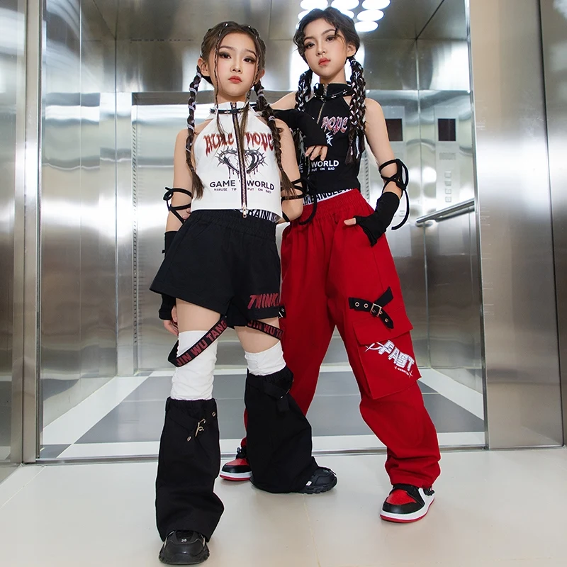 

Children Hip Hop Dance Clothes Kpop Style Tops Summer Girls Jazz Costume Red Cargo Pants Modern Street Dance Outfits Set BL15506