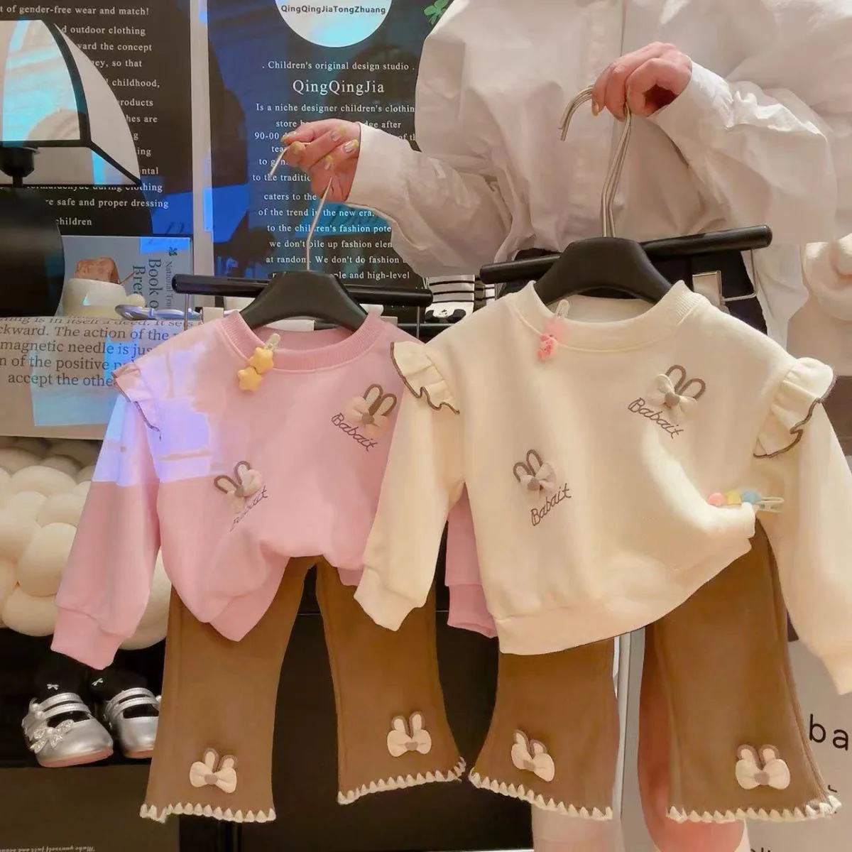 Mädchen-Sweatshirt mit süßem Hasen-Print, Kinder-Oberteil mit Rüschenärmeln, Baby-Mädchen Mode-Freizeit-Oberbekleidung T-Shirt für Mädchen – Detail 5