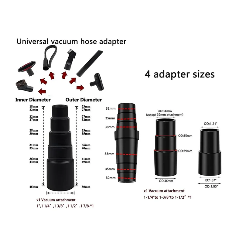

Universal Multi-Size Attachment Vacuum Clean-Up Kit, Includes Floor Brush & Connectors For 1-1/4In To 2-1/4In Accessories