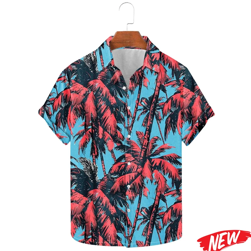 

2026 New Tropical Tree Pattern Hawaiian Shirt Men 3d Printed Plants Leaf Beach Short Sleeve Lapel Shirts Streetwear Button Shirt