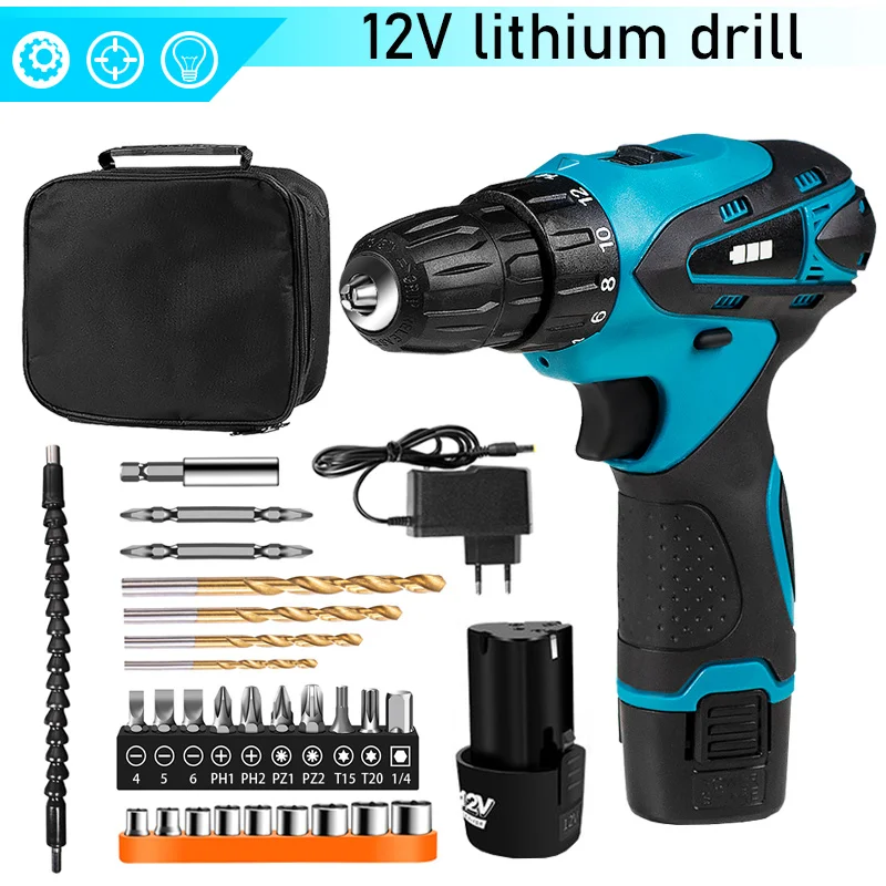 

12V Cordless Screwdriver Drill Rechargeable Electric Screwdriver Lithium Battery Mini Household Cordless Drill Power Tools