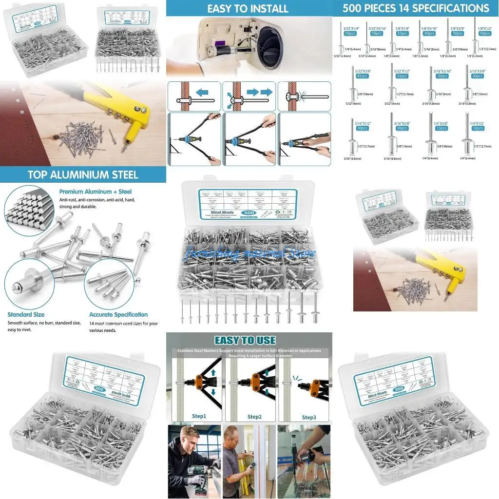

Y5GD Versatile 500pcs Rivets Set with Washers Heavy Duty Rivets Collection Rivets Assortment set for Various Applications