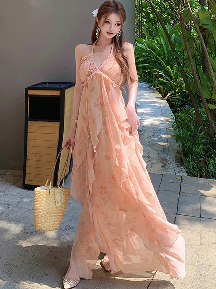 Damen Blumen-Rüschenkleid mit Chicem Halsausschnitt, Elegantes Luxus-Strandkleid, Langes Sommerkleid 2026, Koreanische Mode, Festival-Einteiler